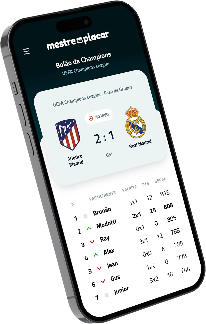 Interface do aplicativo Mestre do Placar para bolão de futebol